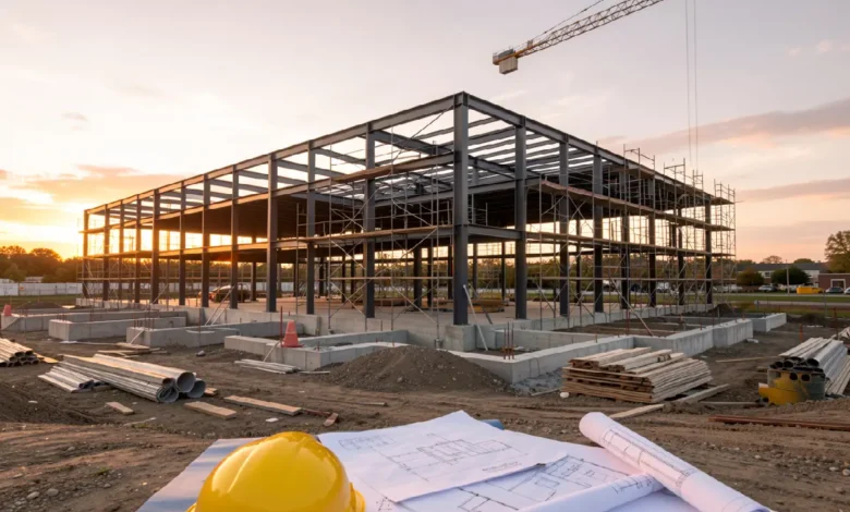 Commercial real estate construction loan project showing a steel-frame building under construction with a crane and city skyline in the background