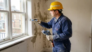 Damp proofing London technician inspecting a moisture-damaged wall in a Victorian property