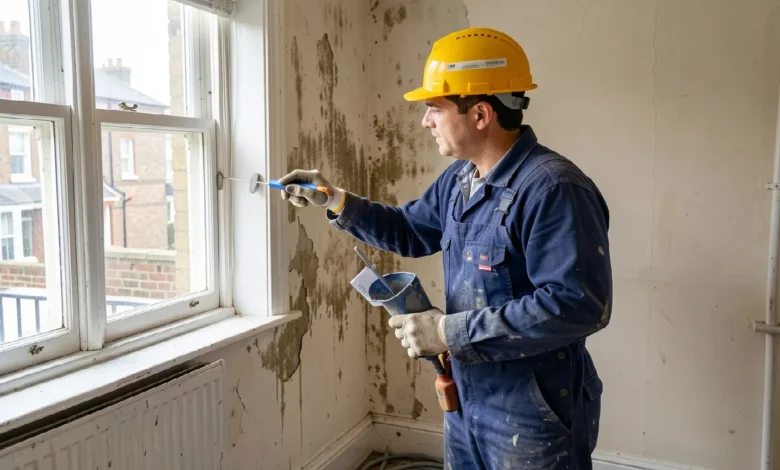 Damp proofing London technician inspecting a moisture-damaged wall in a Victorian property