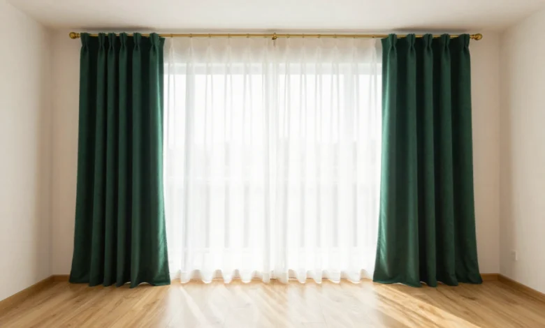 Floor-length green curtains in a bright living room with white walls and brass curtain rod