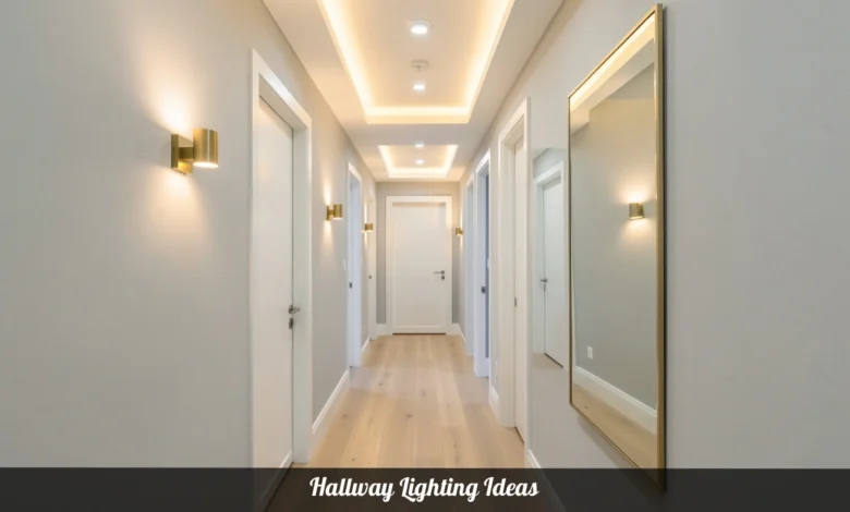 Hallway lighting ideas with recessed lights and brass wall sconces in a modern home corridor
