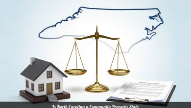 Scales of justice with a house and legal documents representing equitable distribution in a North Carolina divorce