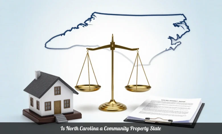 Scales of justice with a house and legal documents representing equitable distribution in a North Carolina divorce