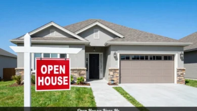 Open houses near me showing welcoming home exterior with open house sign and front door ready for property tours