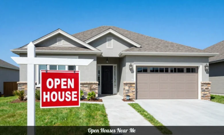Open houses near me showing welcoming home exterior with open house sign and front door ready for property tours