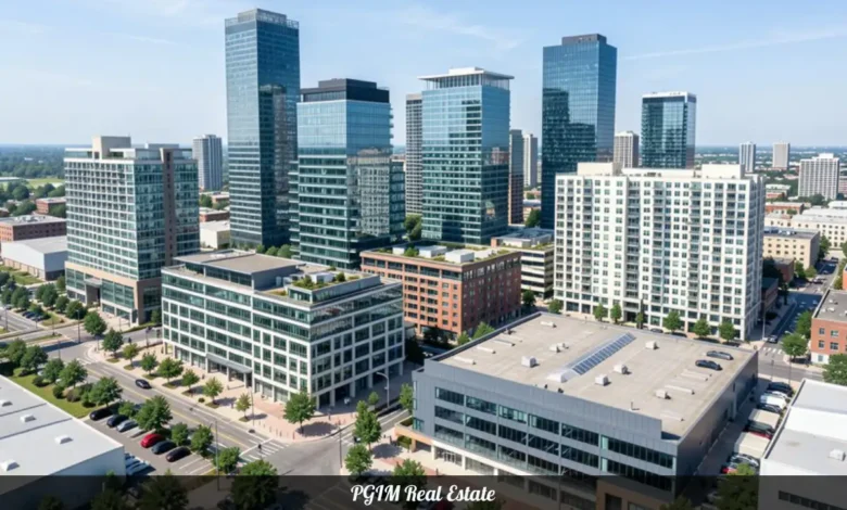 PGIM Real Estate commercial property portfolio showing modern office buildings and investment properties across global markets