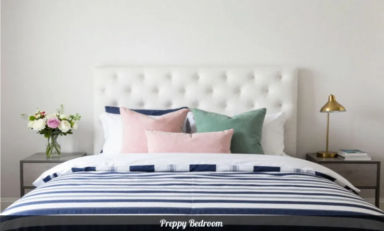 Preppy bedroom with navy striped bedding, white tufted headboard, pink and green throw pillows, brass lamp, and coordinated decor