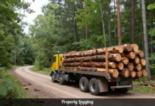 Property logging truck loaded with timber on private woodland showing responsible tree harvesting and forest management
