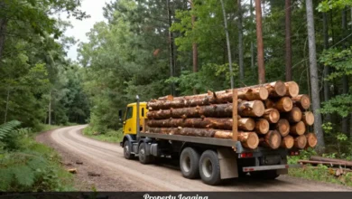 Property logging truck loaded with timber on private woodland showing responsible tree harvesting and forest management