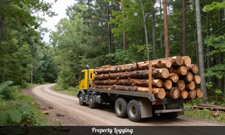 Property logging truck loaded with timber on private woodland showing responsible tree harvesting and forest management