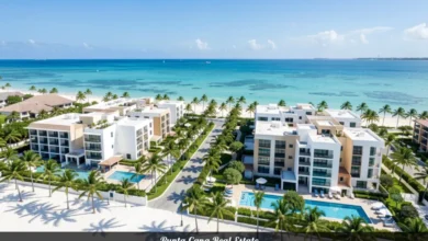 Aerial view of beachfront condos and turquoise water in Punta Cana real estate market
