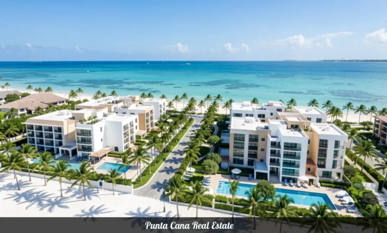 Aerial view of beachfront condos and turquoise water in Punta Cana real estate market