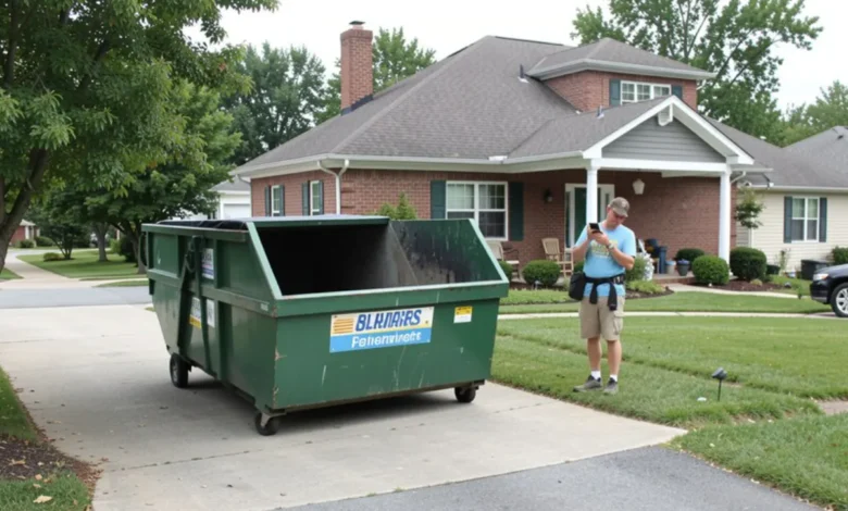 Homeowner planning to choose the right dumpster for residential cleanup project in driveway