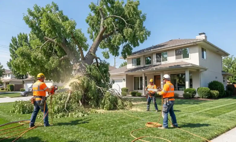 Tree removal service crew performing safe tree clearing with professional equipment near residential property