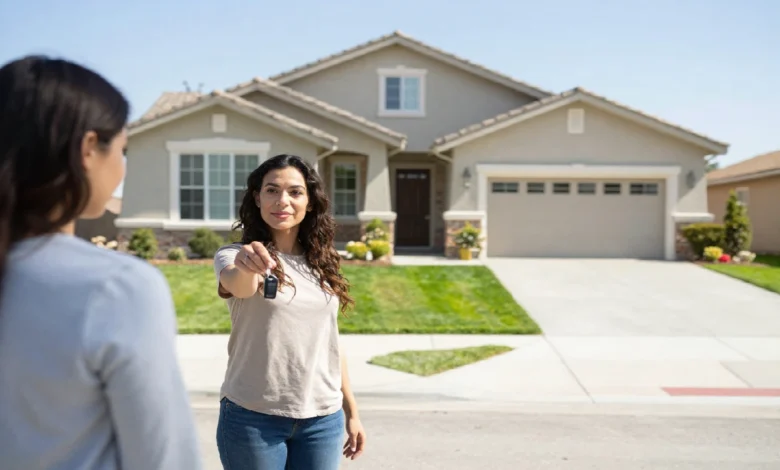 Homeowner selling property for cash in Union City CA with a buyer exchanging a house key and documents