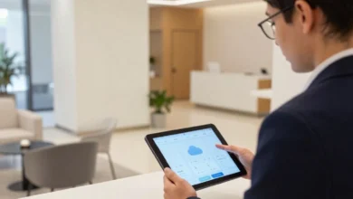 SynXis Property Hub cloud PMS interface on tablet at hotel front desk for guest check-in and reservation management