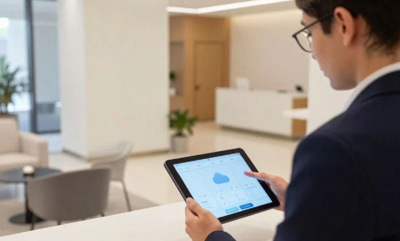 SynXis Property Hub cloud PMS interface on tablet at hotel front desk for guest check-in and reservation management