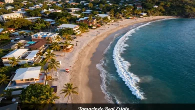 Tamarindo real estate beachfront properties along Costa Rica Pacific coast with ocean views and tropical vegetation