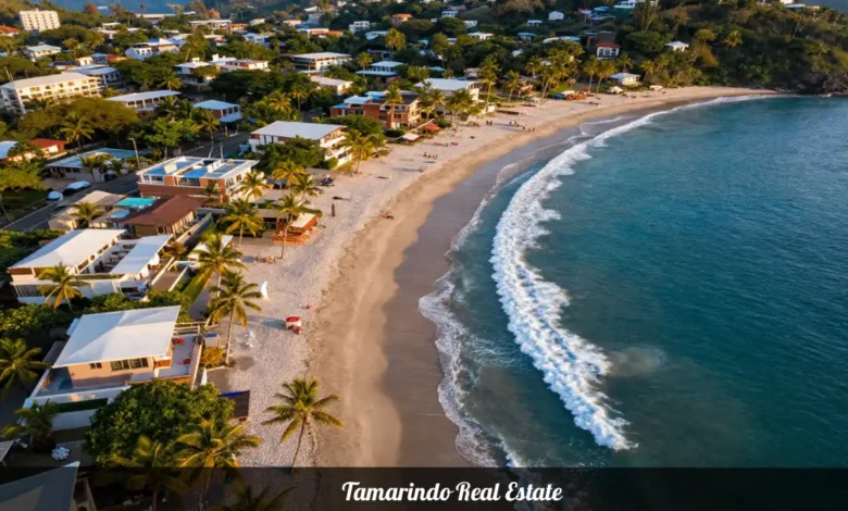 Tamarindo real estate beachfront properties along Costa Rica Pacific coast with ocean views and tropical vegetation