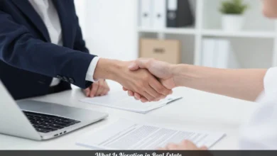 Business professionals signing novation in real estate contract replacement agreement at office desk