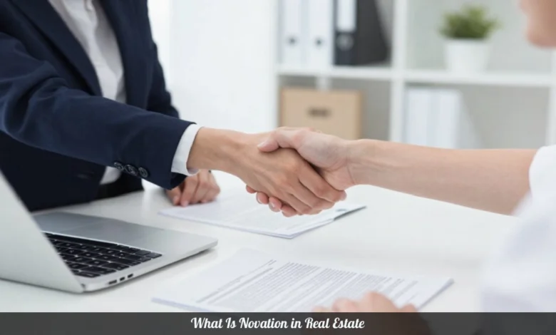 Business professionals signing novation in real estate contract replacement agreement at office desk