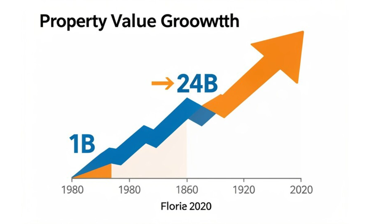Infographic showing Alachua County taxable property value growth from $1 billion in 1980 to $24 billion in 2020