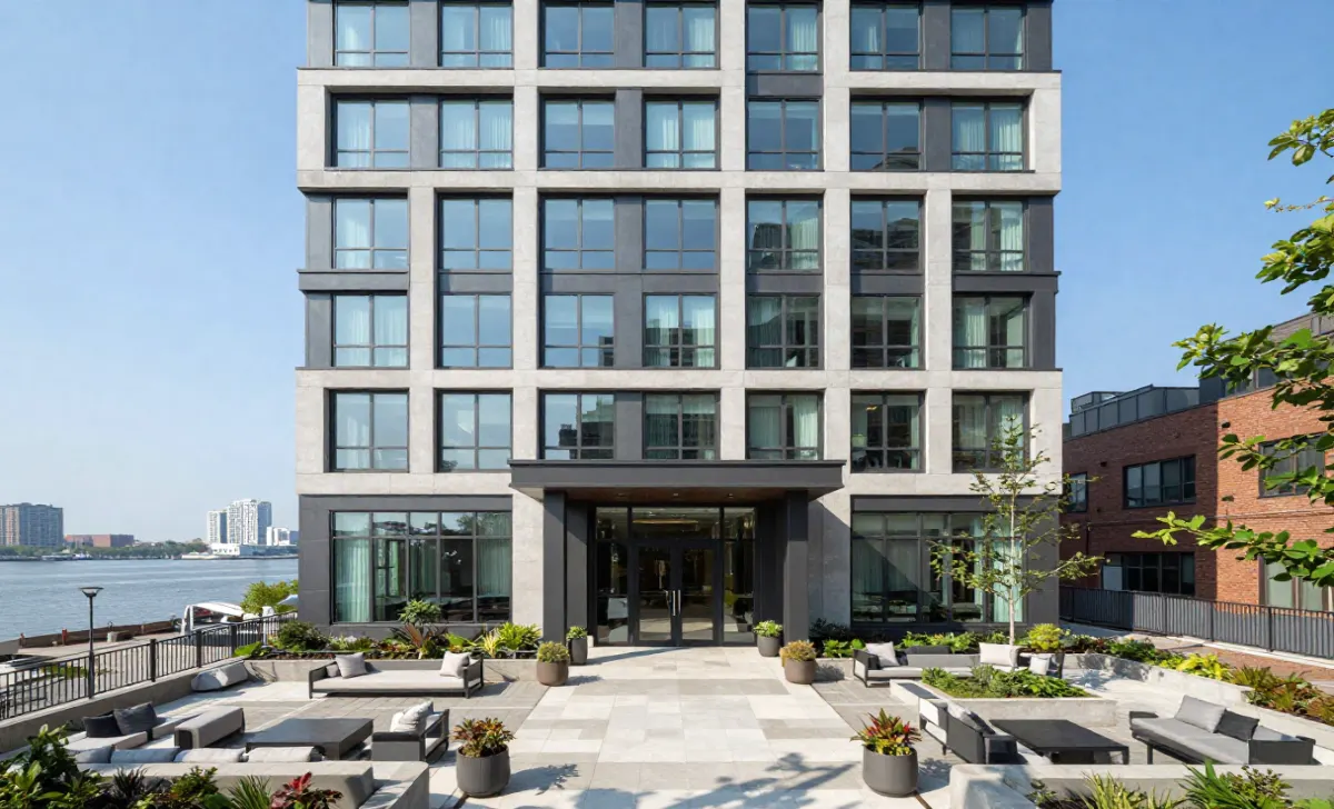 Alexander Crossing Apartments exterior view showing modern seven-story building with waterfront access in Downtown Yonkers, NY