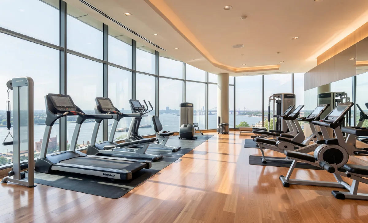 Alexander Crossing fitness center featuring state-of-the-art equipment and panoramic Hudson River views in Yonkers, NY