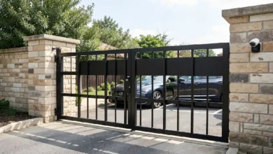 Automated gates installed at a residential home entrance with a security camera on the gate pillar