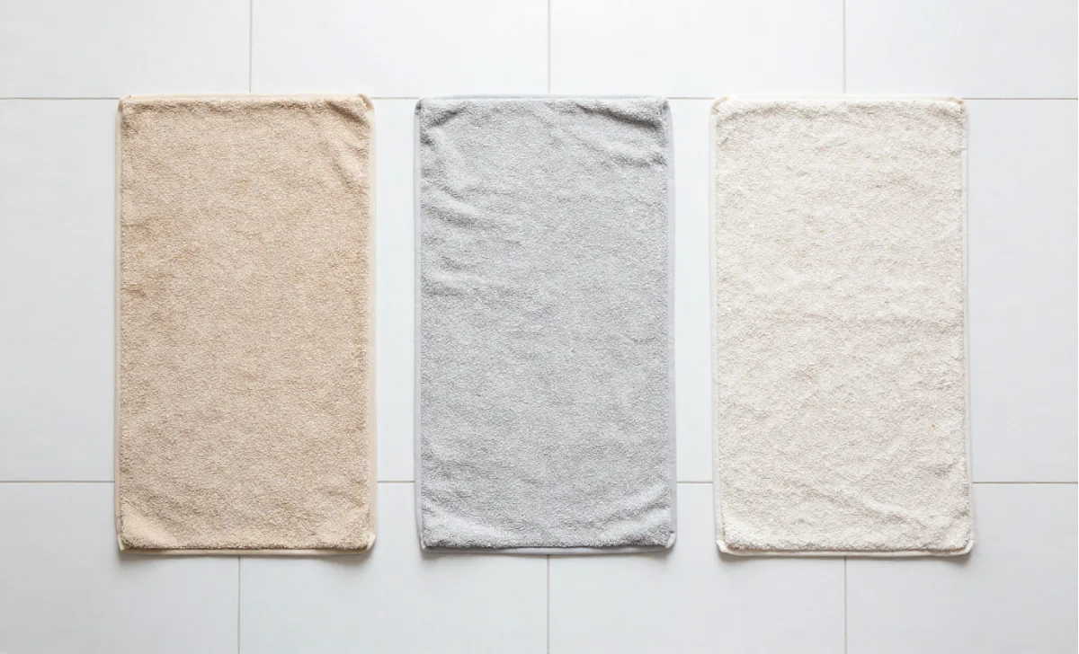 Three bath mat types side by side on white tile, cotton, microfiber, and diatomite
Title: Bath Mat Materials Comparison