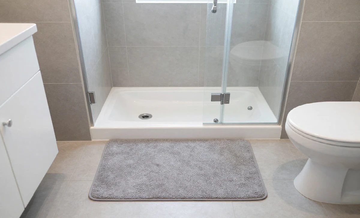Bath mat placed outside a walk-in shower on grey tile with clearance from toilet and cabinet