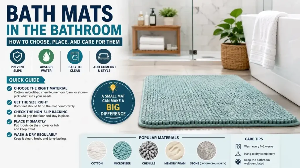 Bath Mats in Bathroom: How to Choose, Place, and Care for Them - Bathrooms | HomeImprovementGeek Bath mats in the bathroom showing material, placement, non-slip backing, sizing and care tips