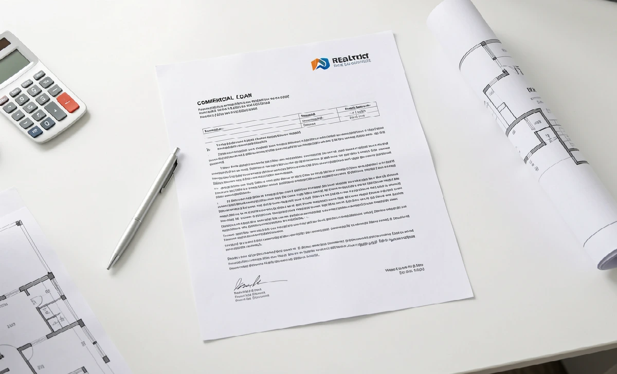 Commercial construction loan documents with floor plan and calculator on a desk