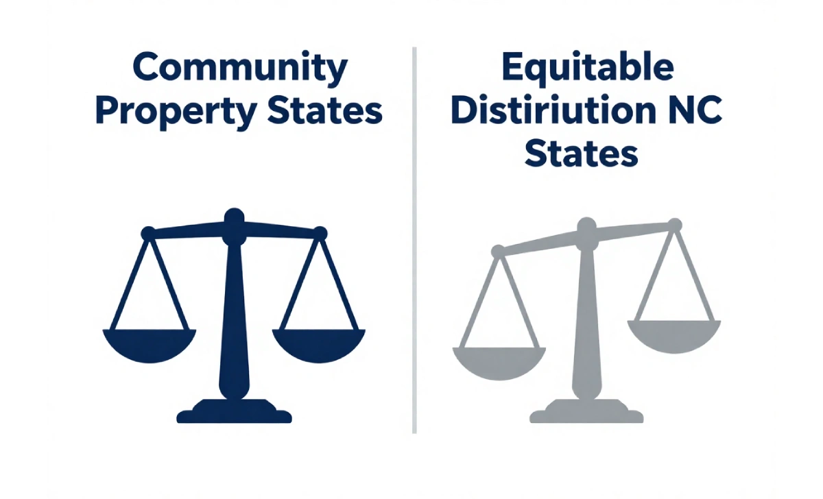 Infographic comparing community property states and equitable distribution states like North Carolina