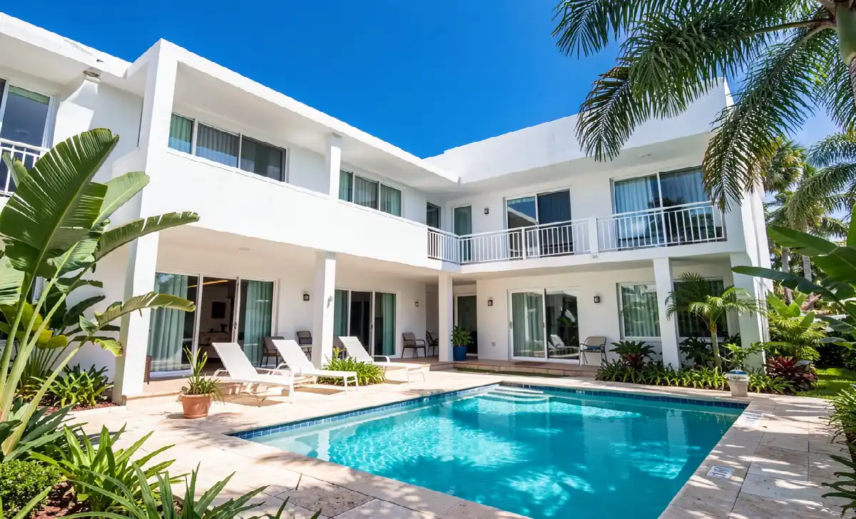 Modern condo building for sale in Coronado Panama with pool and tropical landscaping 