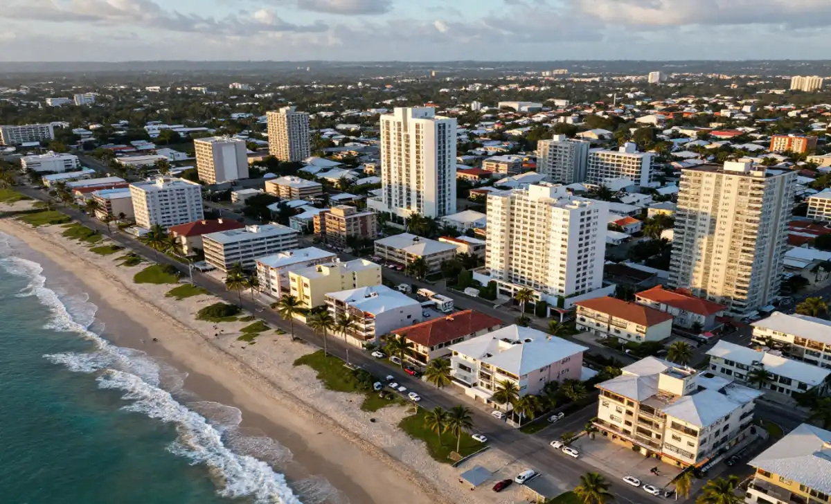 Aerial view of Coronado Panama coastline with residential homes and Pacific Ocean 