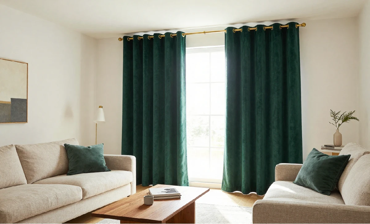Floor-length emerald green curtains in a bright modern living room with brass rods and off-white walls