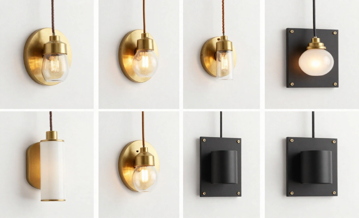 Three hallway light fixture types including flush mount, wall sconce, and pendant light