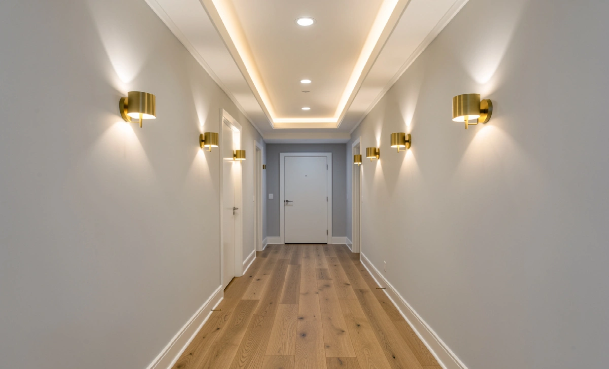 Modern hallway with layered lighting including recessed ceiling lights and brass wall sconces