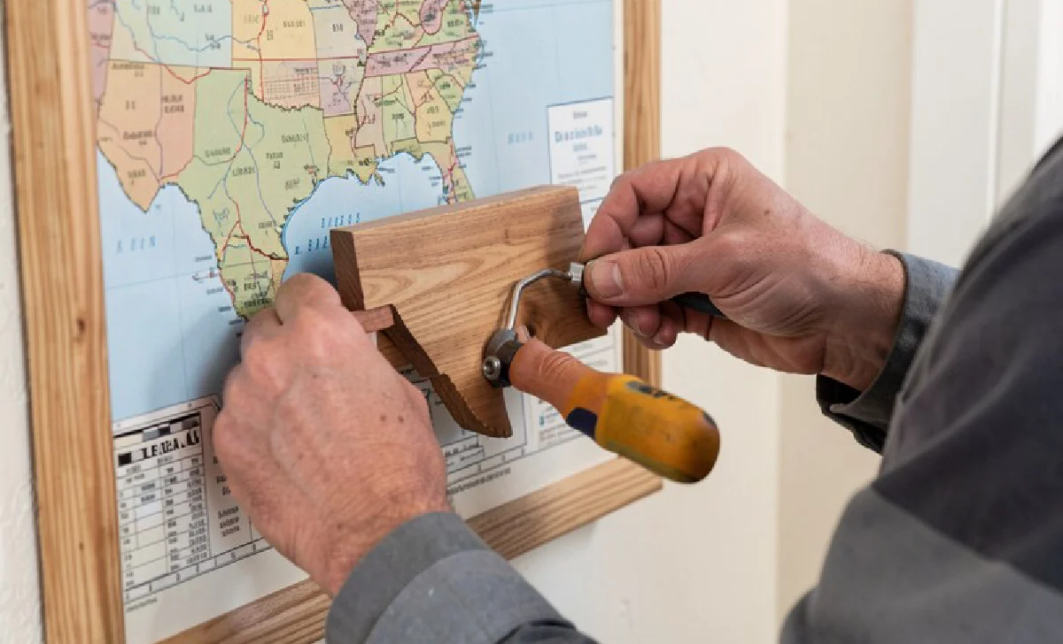 Hands installing wooden state piece on USA map wall decor using level tool 