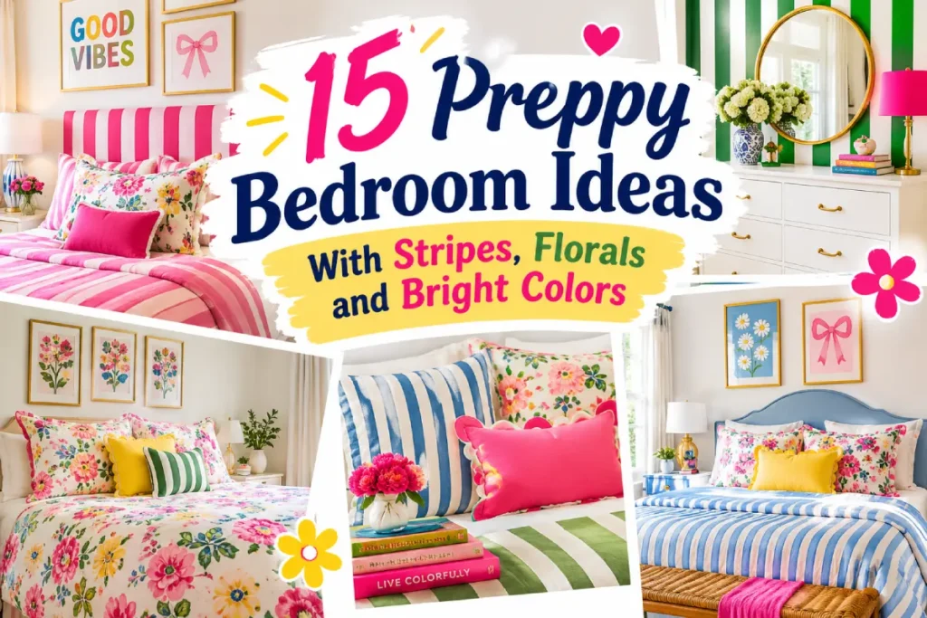 Colorful preppy bedroom ideas featuring striped bedding, floral patterns, and bright accents