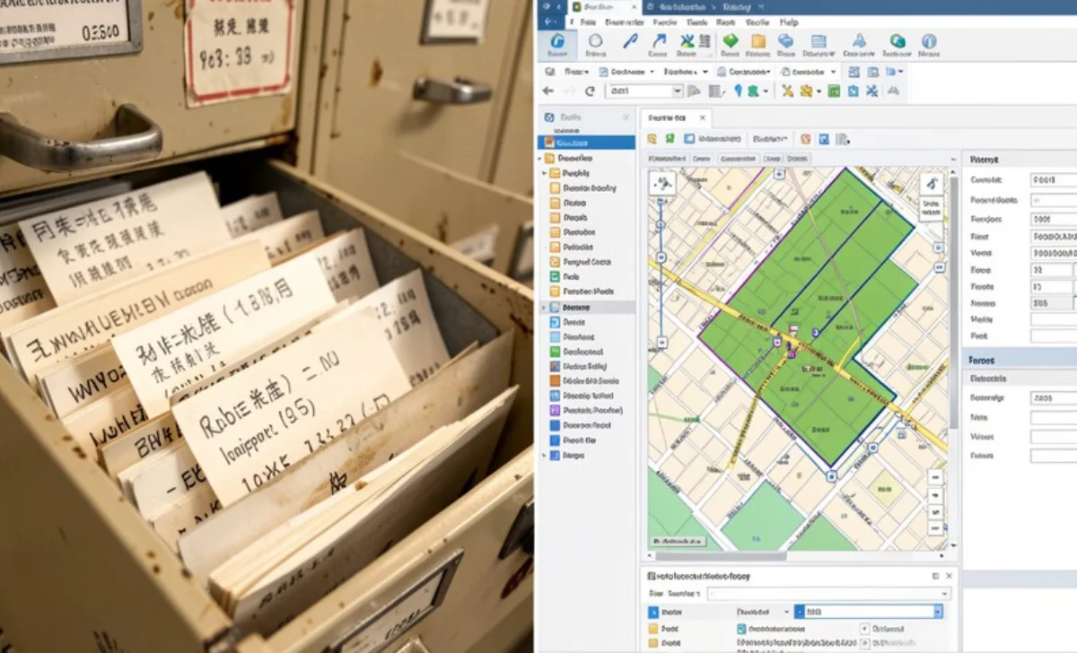 Comparison of 1980s filing cabinet system versus modern GIS property mapping technology used by property appraisers