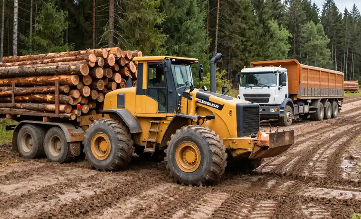 Logging equipment and truck at landing site during property logging operation