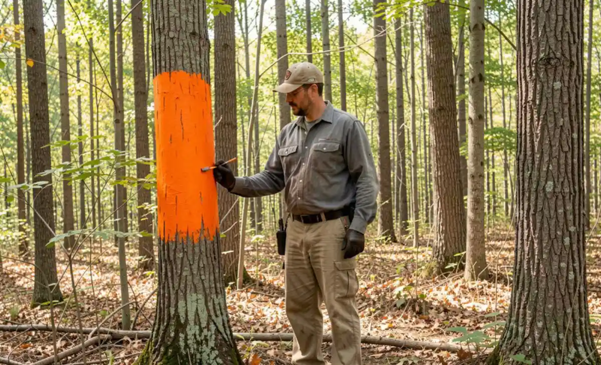 Forester marking trees with orange paint for property logging harvest