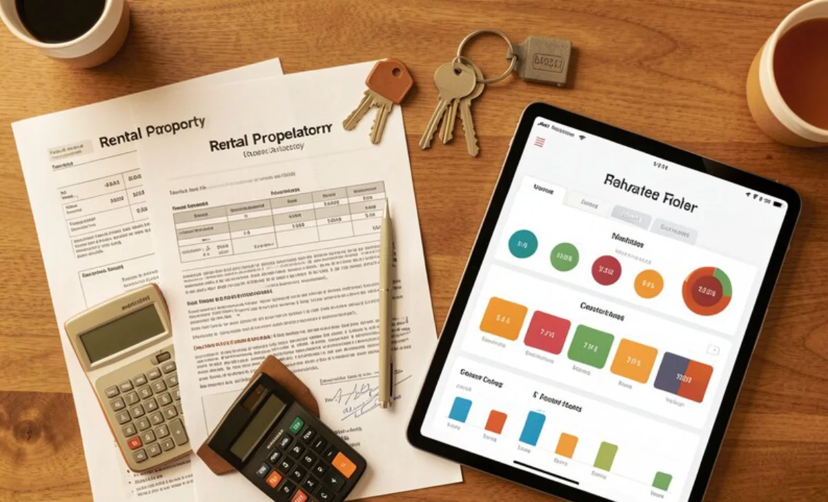 Property management financial documents and cost analysis tools on desk