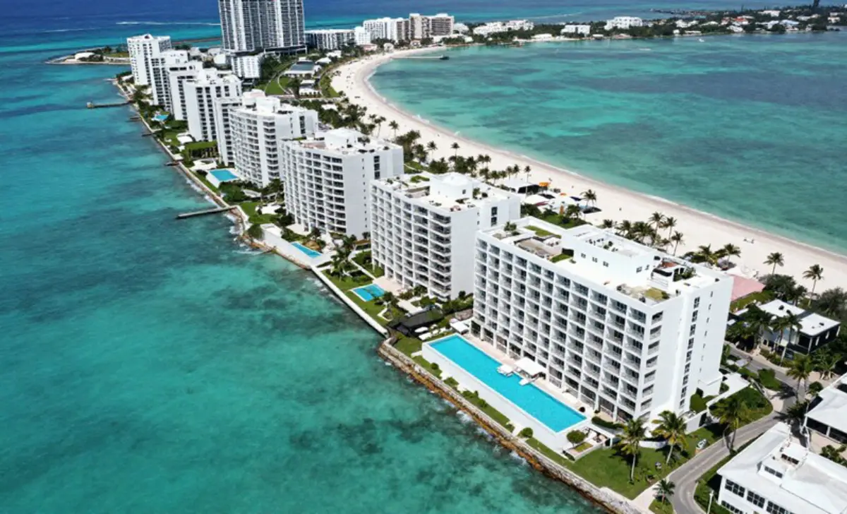 Aerial view of beachfront condos in Punta Cana real estate market
