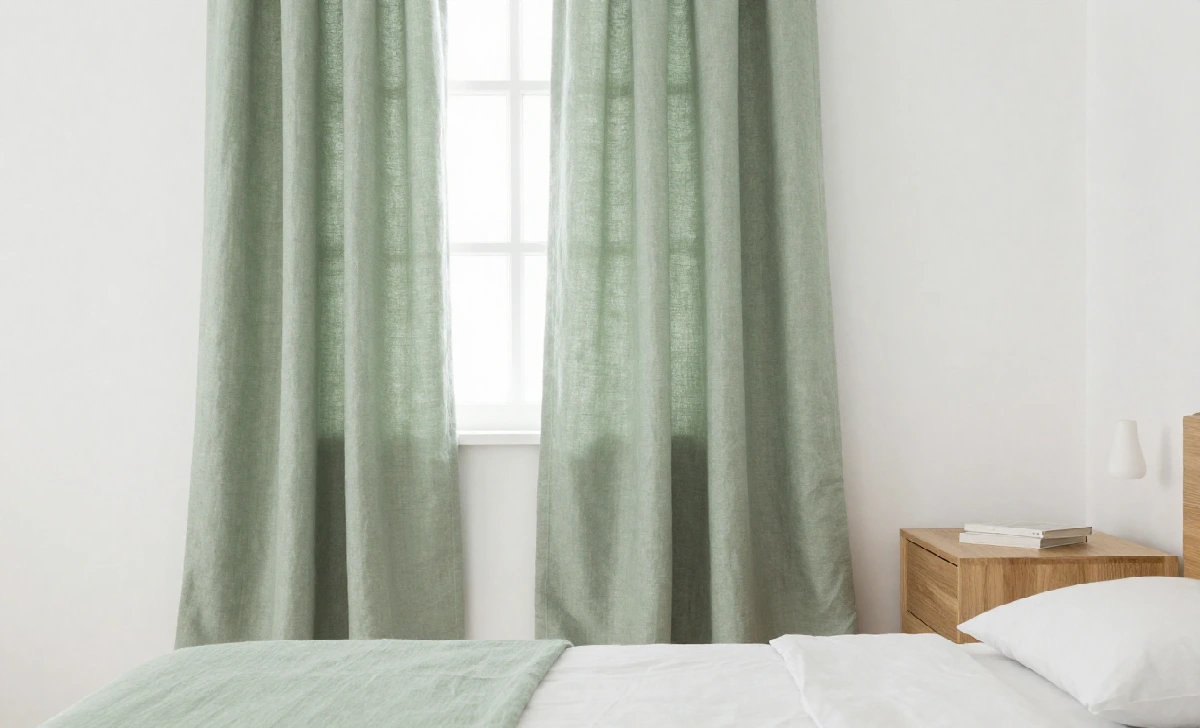 Sage green linen curtains in a minimal bedroom with white walls and light oak furniture