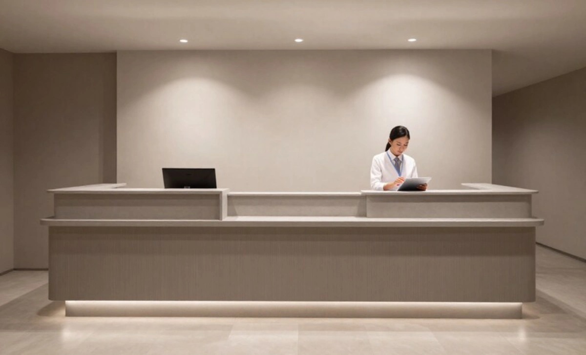 Hotel staff using SynXis Property Hub cloud-based PMS on tablet at front desk