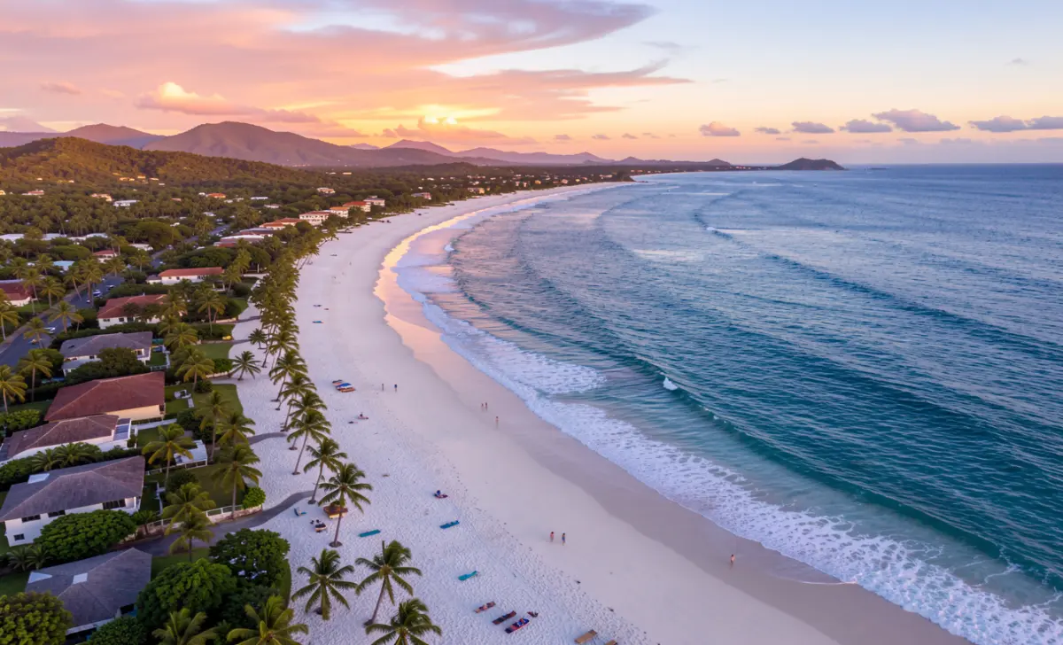 Aerial view of Tamarindo beach coastline with beachfront properties and Pacific Ocean in Costa Rica