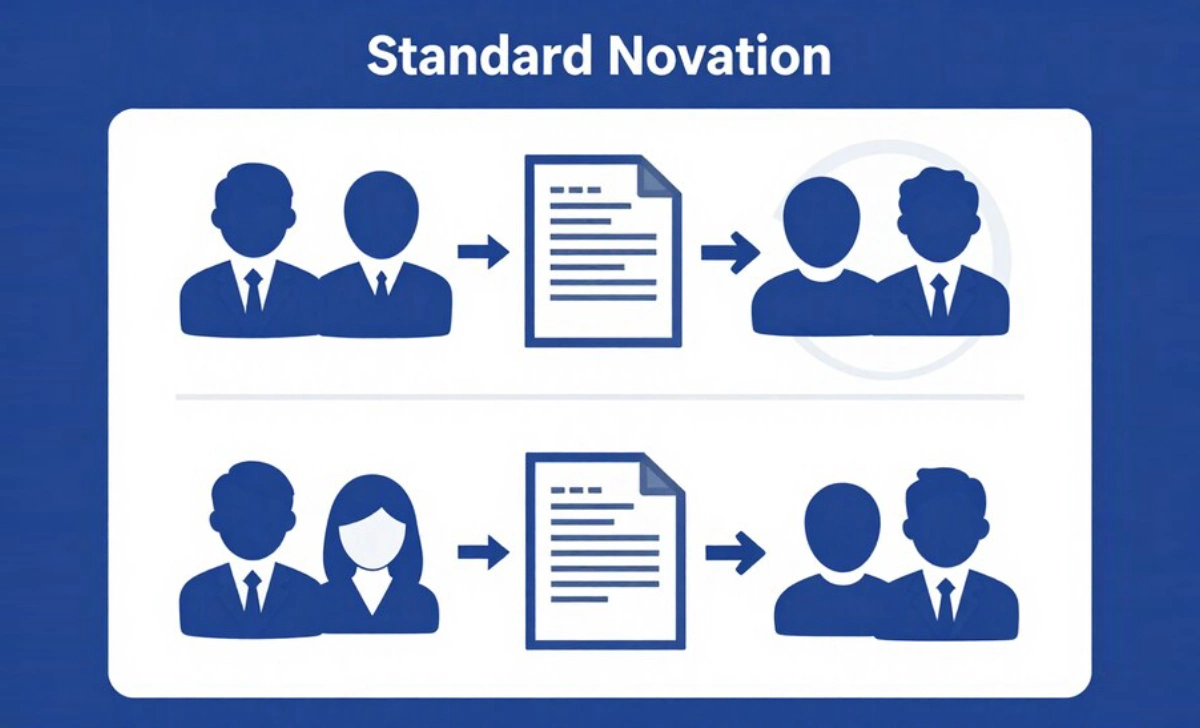 Diagram illustrating the three main types of novation in real estate: standard novation, expromissio, and delegation